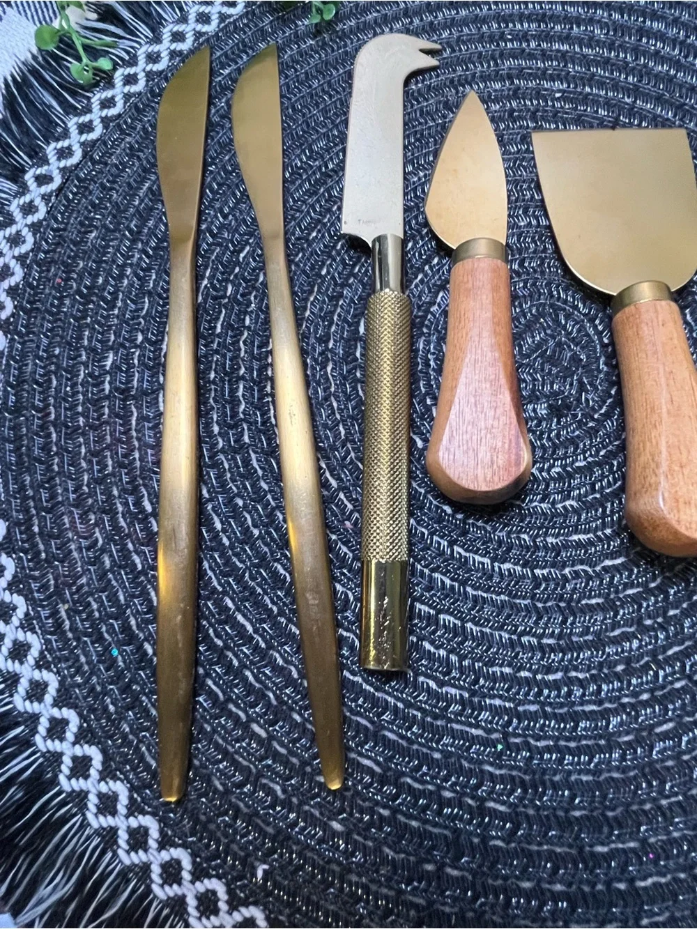 Brass and Wood Kitchen Utensil Set - Gold Tone
